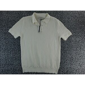 River Island Cream Ribbed Knit Short Sleeve Polo Shirt Top Mens Size M